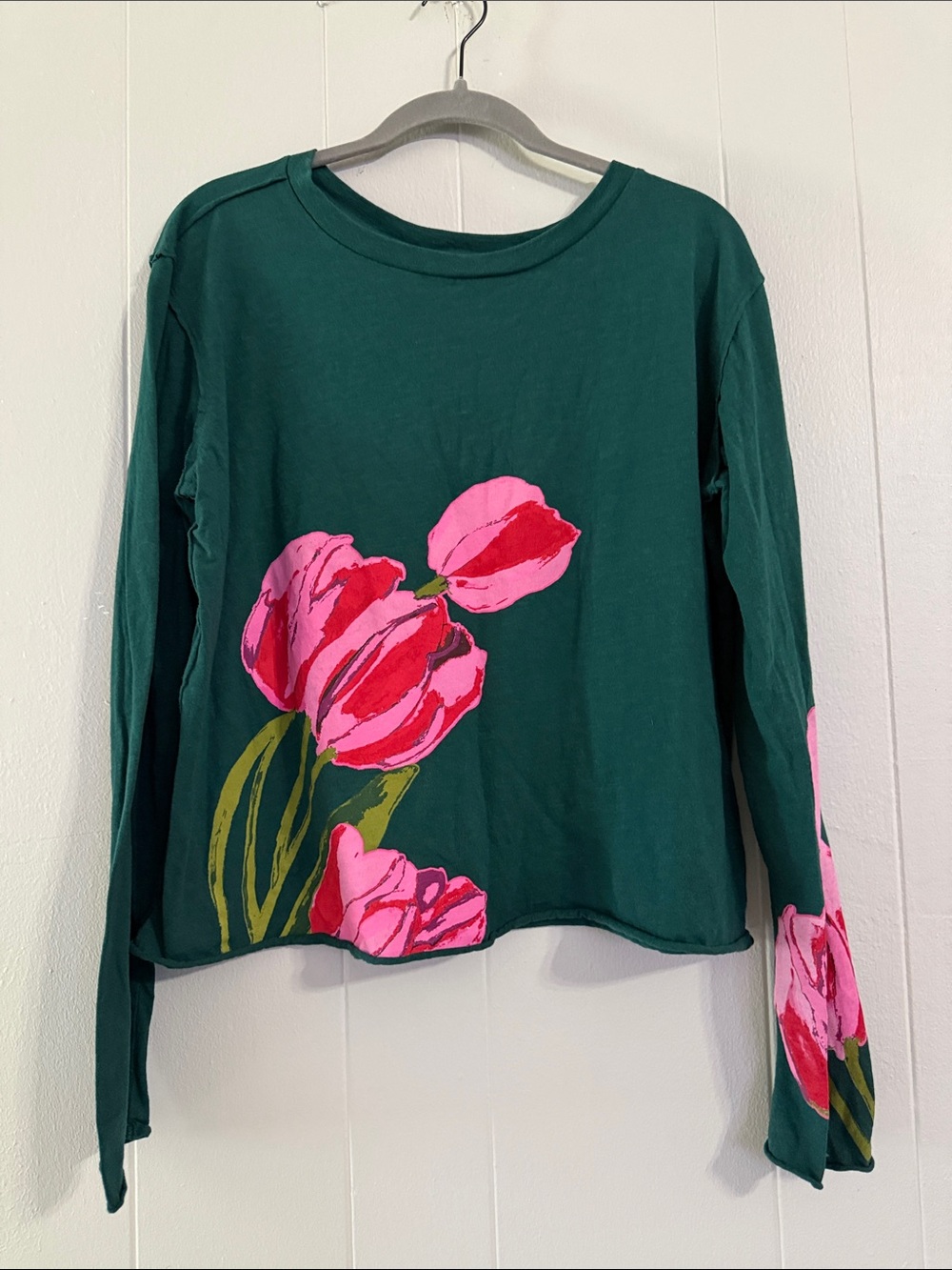 Maeve Forest Green Long-Sleeve Tee with Pink Tulip Graphic